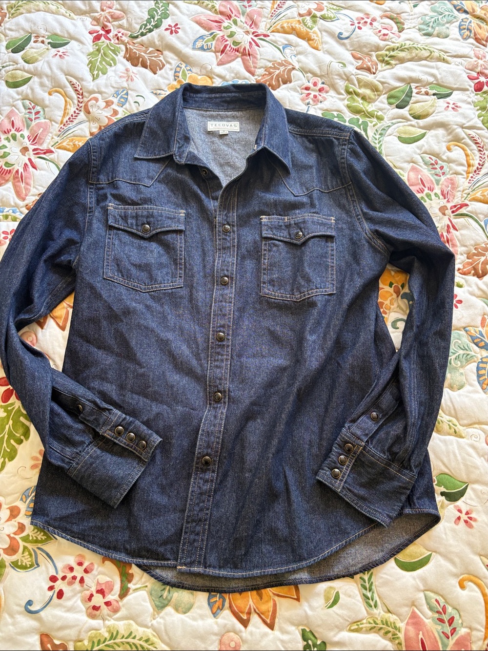 Tecovas Mens Blue Dark Wash Denim Long Sleeve Black Snap Button Medium
